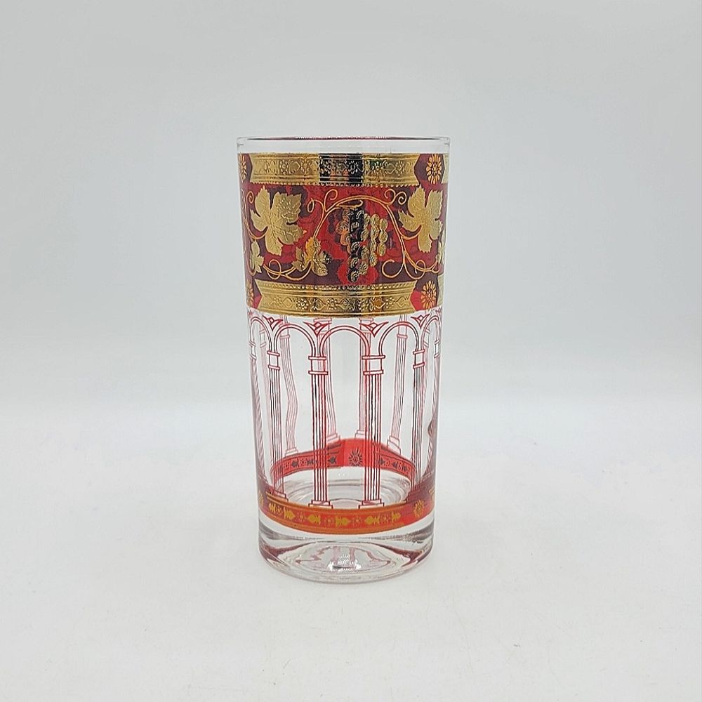 Cera Glass Golden Grapes Burgundy Highball Tumbler MCM Barware 22K USA Vintage